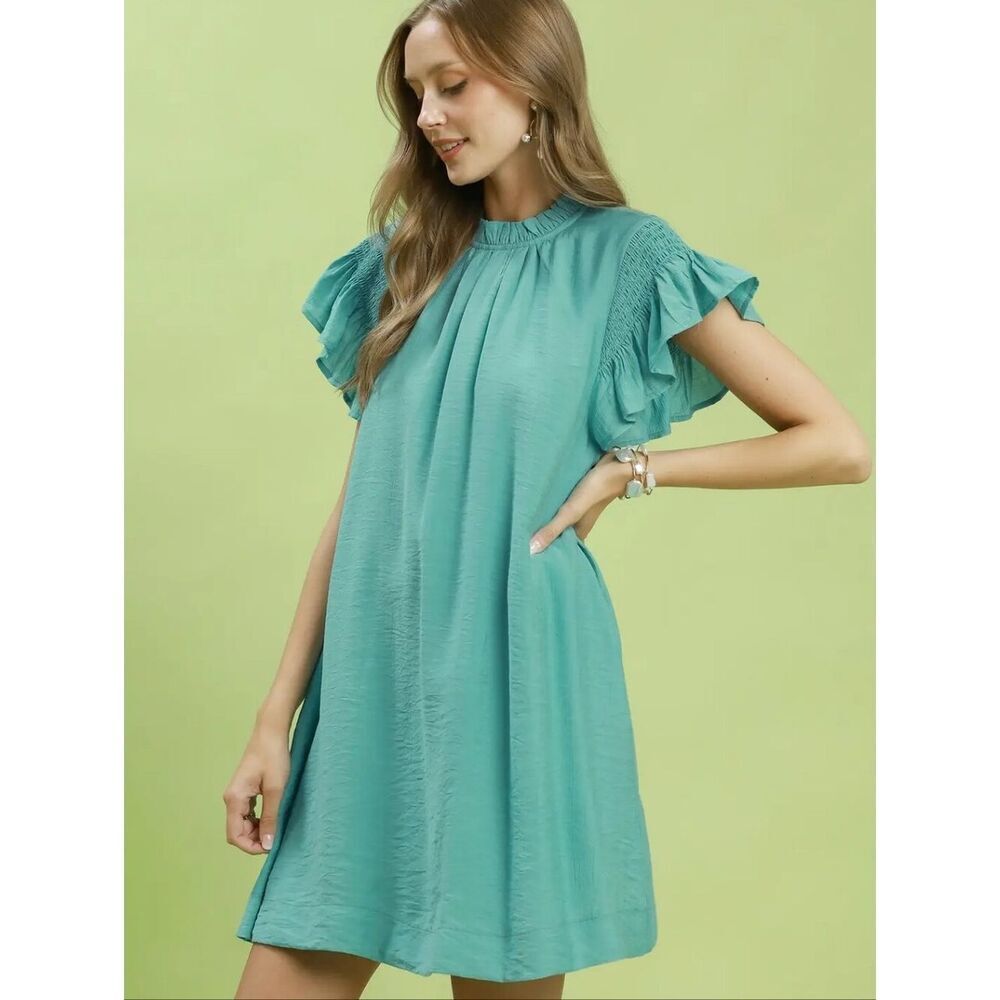 Last Day ◇Casual Mod Ruffle Flutter Sleeve Teal Shift Dress Size Small [2/4]